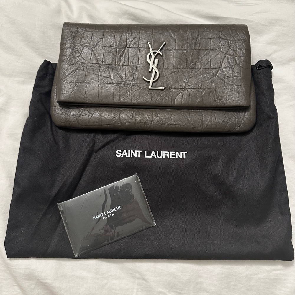 Yves Saint Laurent YSL West Hollywood Gray Leather Croc Embossed Clutch